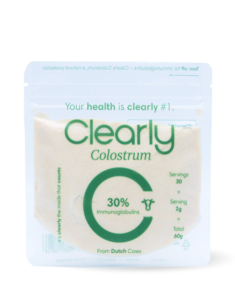 Clearly Colostrum supplement bottle with label, front view showing product name and branding.