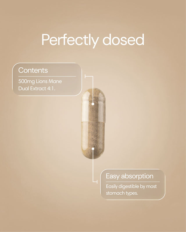 Clearly Lion's Mane capsules in a bottle, showing the supplement packaging and capsules inside.