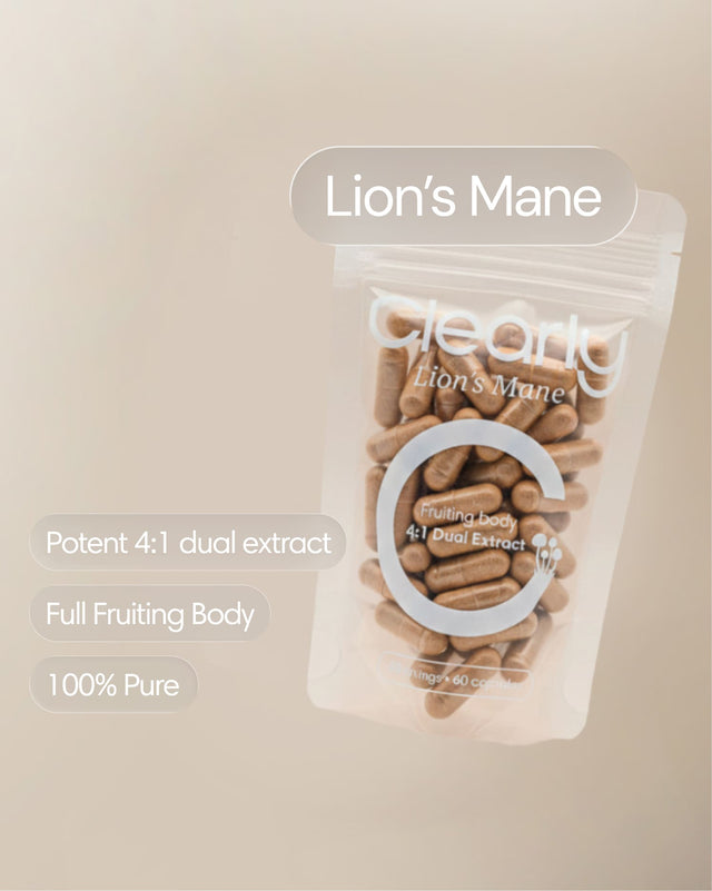 Clearly Lion's Mane capsules in a bottle, showing the front label and capsules inside, natural supplement for cognitive support.