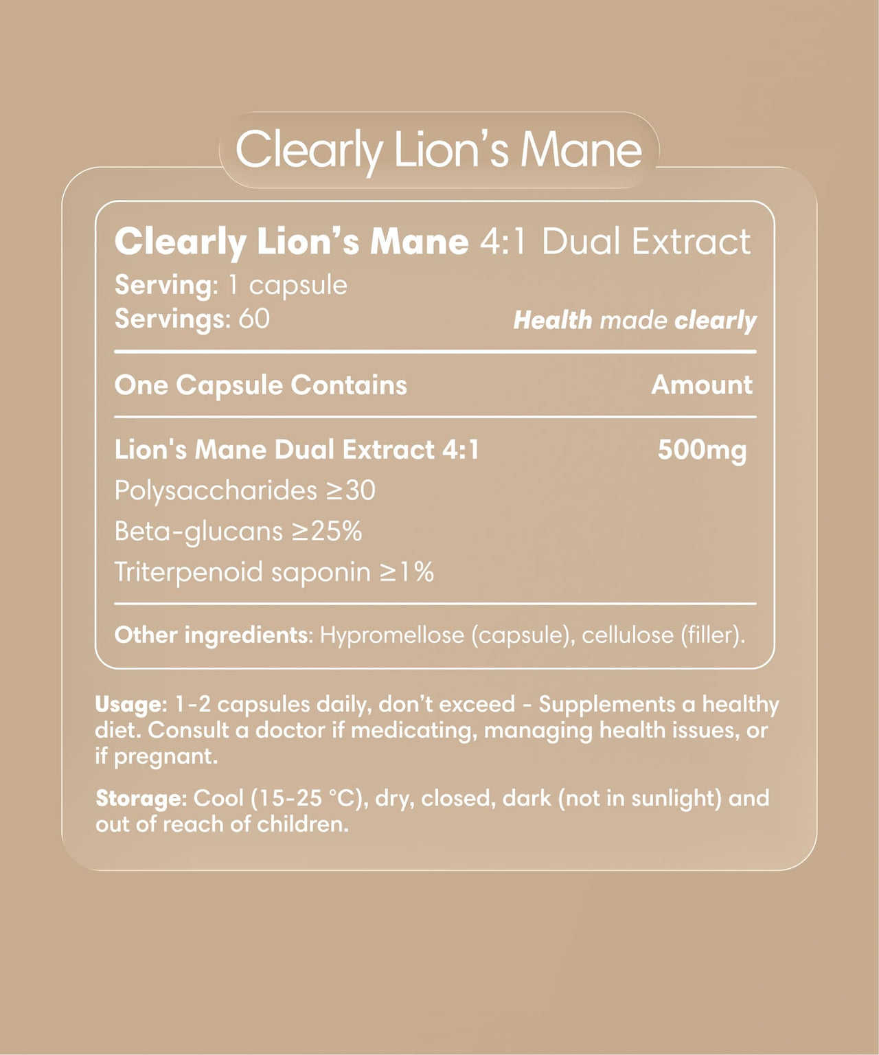 Clearly Lion's Mane capsules bottle with label showing product name and supplement details.