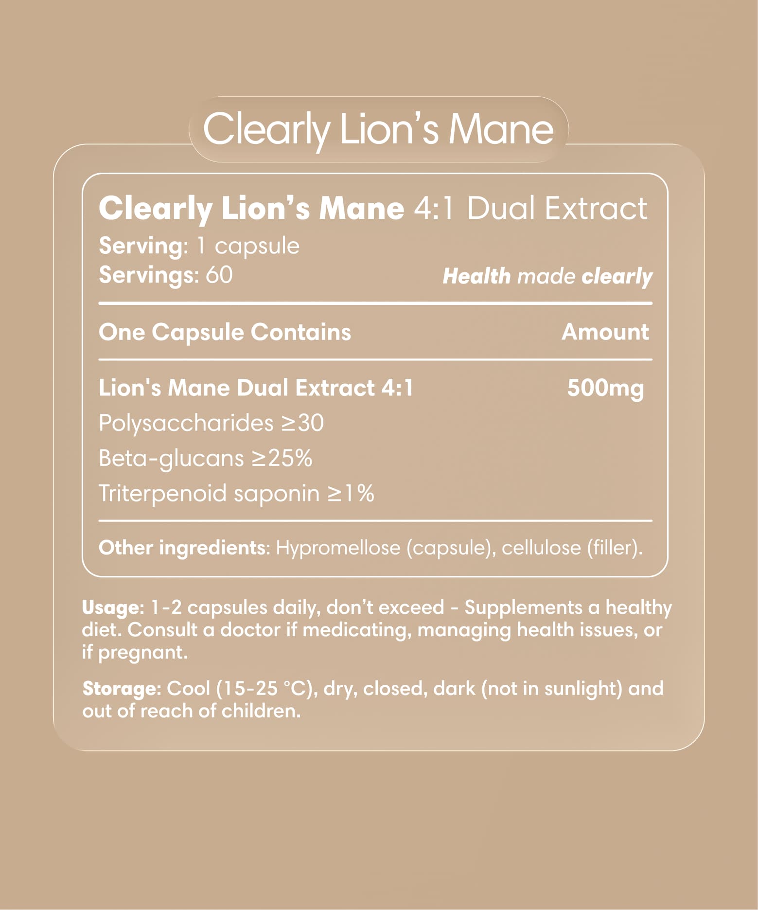 Clearly Lion's Mane capsules bottle with label showing product name and supplement details.