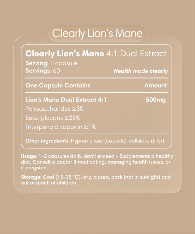Clearly Lion's Mane capsules bottle with label showing product name and supplement details.