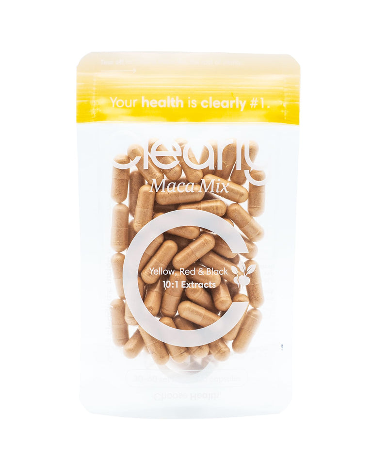 Clearly Maca Mix capsules in a bottle, showing the front label and capsules inside, dietary supplement for energy and vitality.