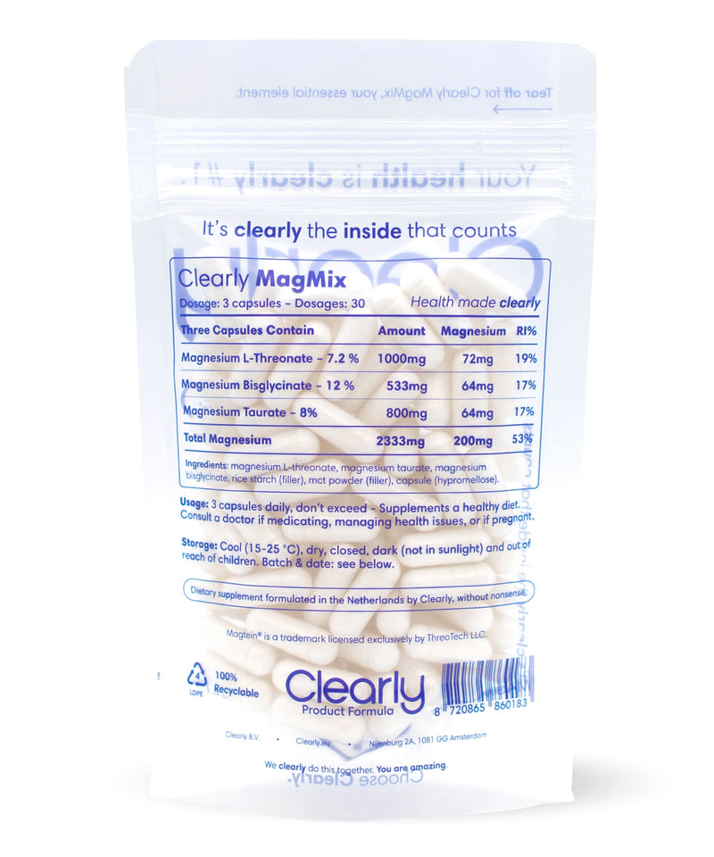 Clearly Magnesium Mix supplement in a jar with a scoop, showing the product label and magnesium-rich ingredients.
