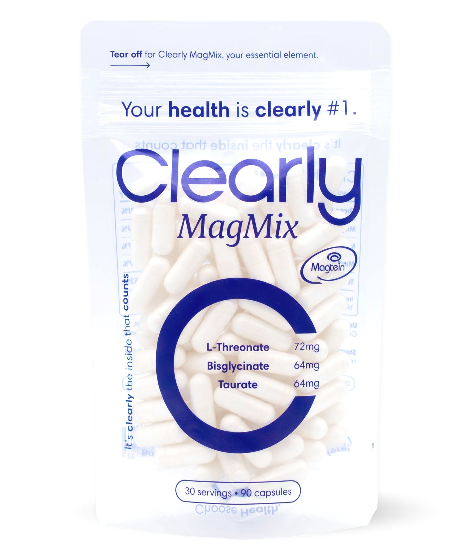 Clearly Magnesium Mix supplement bottle with label showing magnesium blend, front view of the dietary supplement container.