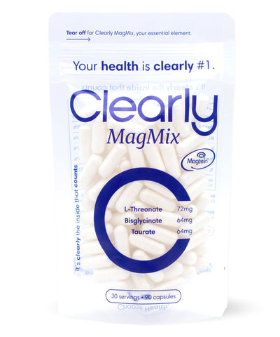 Clearly Magnesium Mix supplement bottle with label visible, showing the product name and brand.
