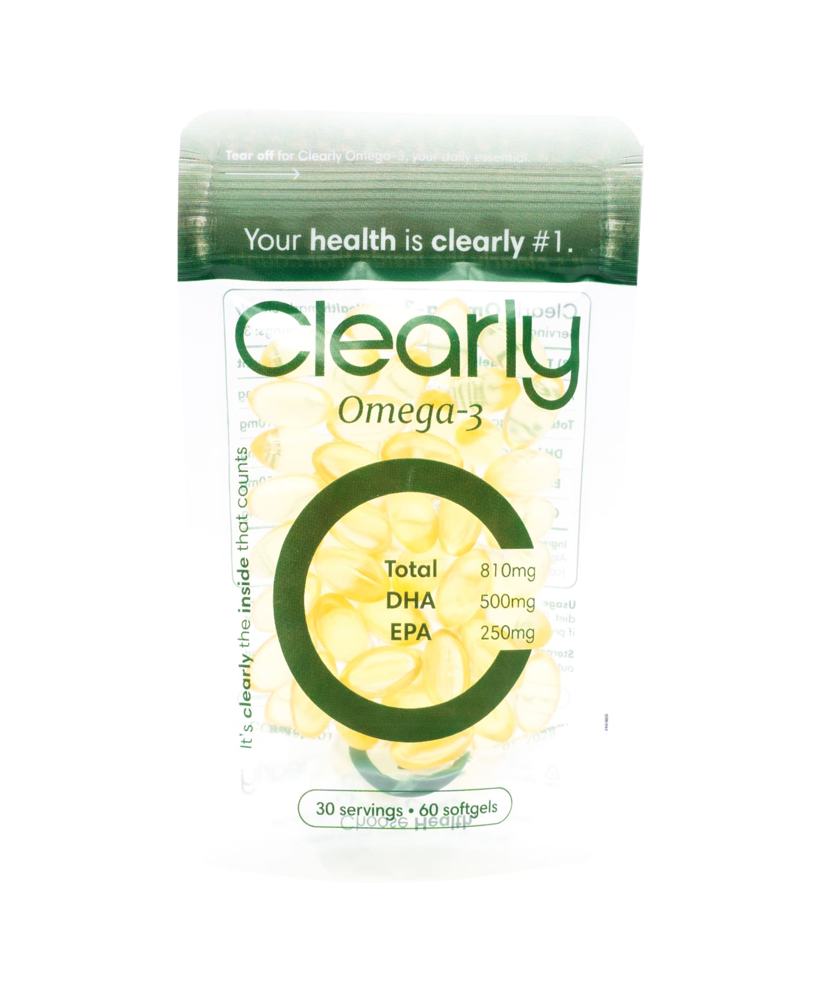 Clearly Omega-3 supplement bottle with capsules, showing the product label and sealed cap on a plain background.