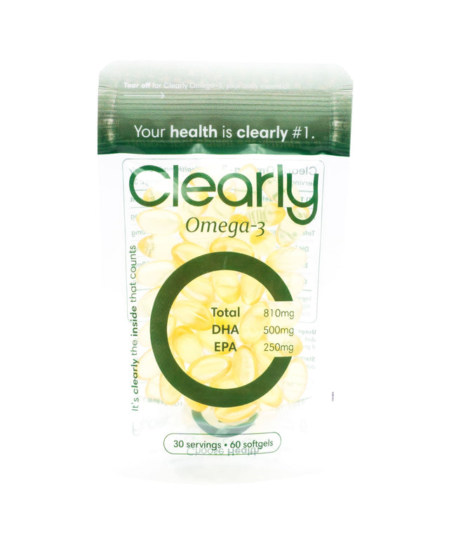 Clearly Omega-3 supplement bottle with capsules, showing the product label and sealed cap on a plain background.