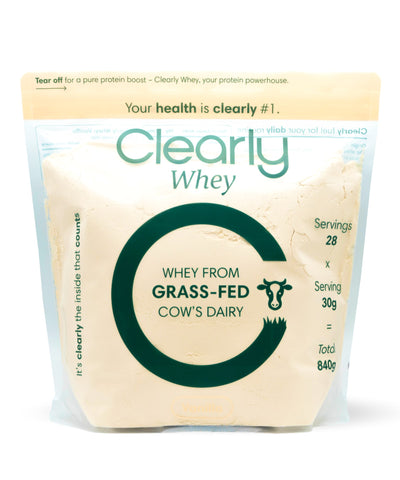 Clearly Grass-fed Whey protein powder container with a clean label, showing the front view of the product.